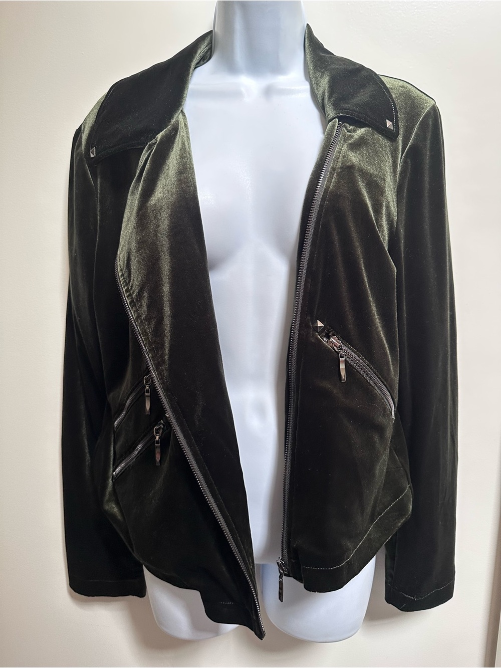 Badgley Mischka Dark Olive Green Velvet Moto Jacket - Picture 4 of 7